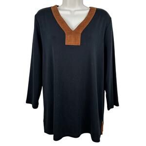 Ralph Lauren Knit Tunic Top Faux Suede Trim 3/4 Sleeve Black 1X Town & Country